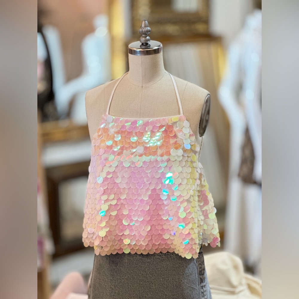 Mermaid Sequin Criss Cross Halter Camisole Top